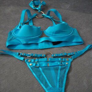 Honey Birdette Jasmin Turquoise Thong 2PC 32E 32DDD/F 10E 70F Medium